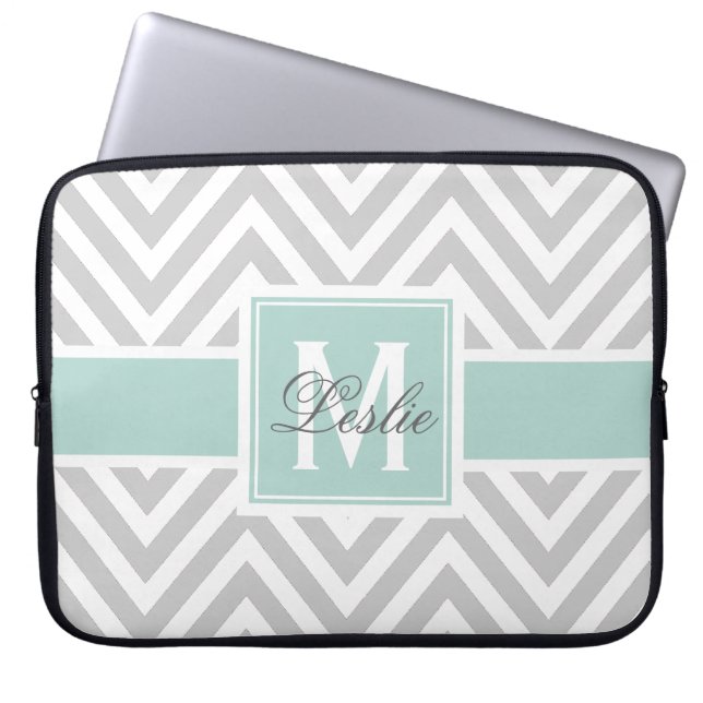 MINT GREEN, GRAY CHEVRON PATTERN PERSONALIZED LAPTOP SLEEVE (Front)