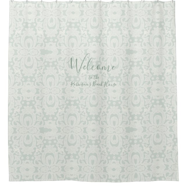 Mint Green Grey Beach Ocean Damask Brocade Pattern Shower Curtain (Front)