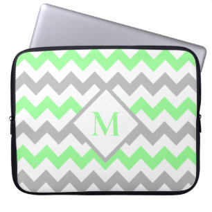Mint Green Grey Chevron Pattern Monogram Laptop Sleeve