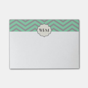 Mint Green Grey Chevron Patterned Monogrammed Post-it Notes