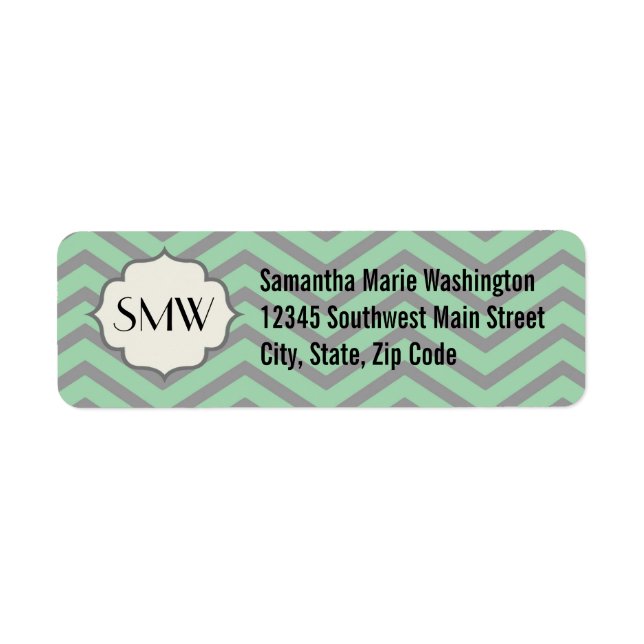 Mint Green Grey Chevron Patterned Monogrammed Return Address Label (Front)