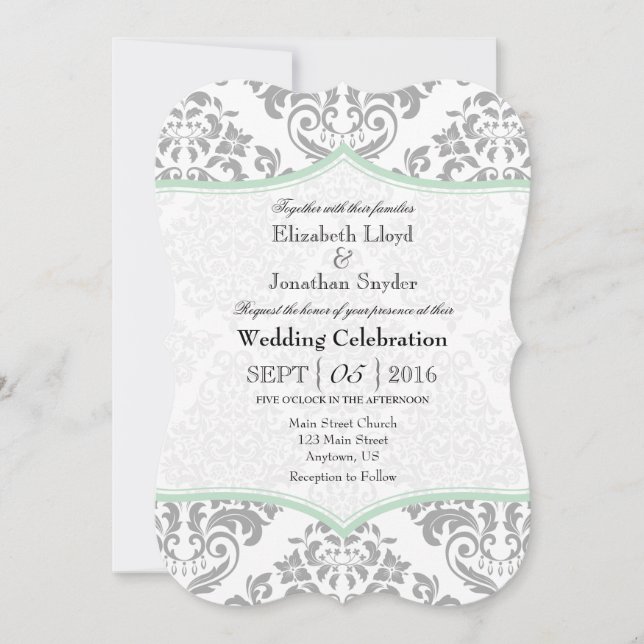 Mint Green Grey Damask Bracket Wedding Invite (Front)