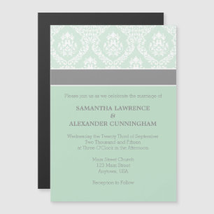 Mint Green Grey Damask Magnetic Wedding Invitation
