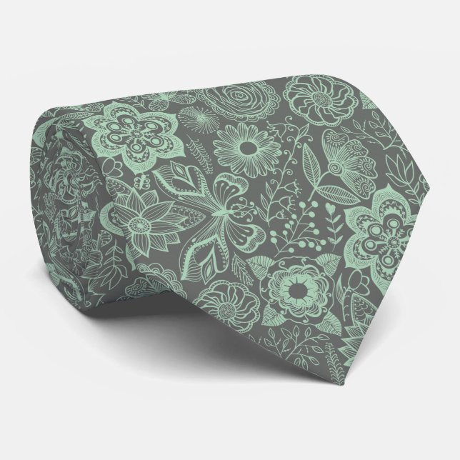 Mint-Green & Grey Floral Lace Pattern Tie (Rolled)