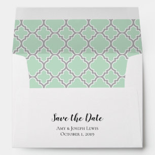 Mint Green Grey Grey Quatrefoil Save The Date Envelope