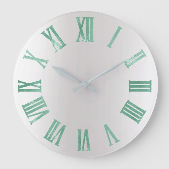 Mint Green Grey Metallic Silver Roman Numbers Large Clock (Front)