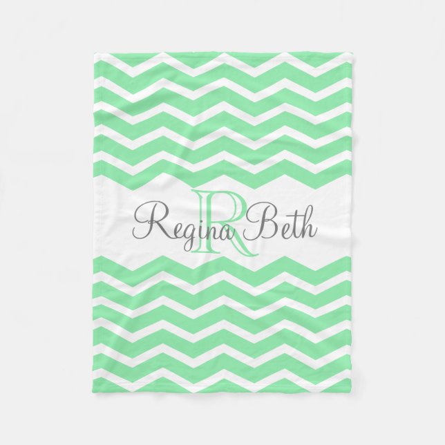 Mint Green Grey Monogram Name Keepsake Chevron Fleece Blanket (Front)