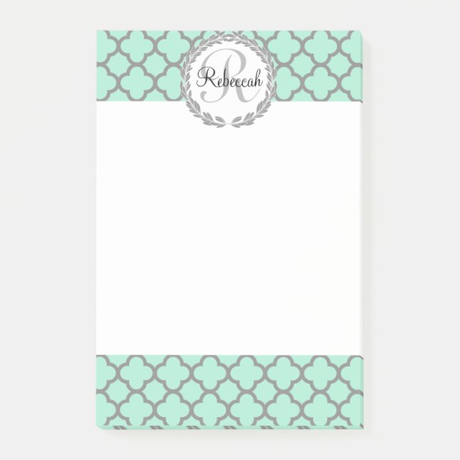 Mint Green Grey Personalised Name Monogram Post-it Notes (Front)
