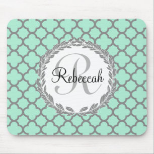 Mint Green Grey Quatrefoil Name Monogram Mouse Pad