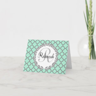 Mint Green Grey Quatrefoil Name Monogram Note Card