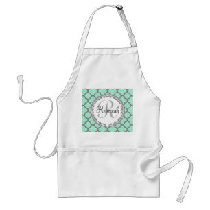 Mint Green Grey Quatrefoil Name Monogram Standard Apron