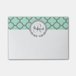 Mint Green Grey Quatrefoil Name Monogrammed Laurel Post-it Notes