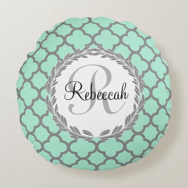 Mint Green Grey Quatrefoil Name Monogrammed Laurel Round Cushion (Front)