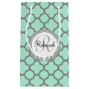 Mint Green Grey Quatrefoil Name Monogrammed Laurel Small Gift Bag