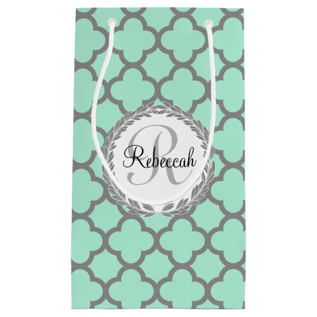 Mint Green Grey Quatrefoil Name Monogrammed Laurel Small Gift Bag (Front)