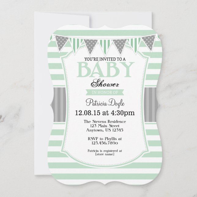 Mint Green Grey Stripes Baby Shower Invitation (Front)