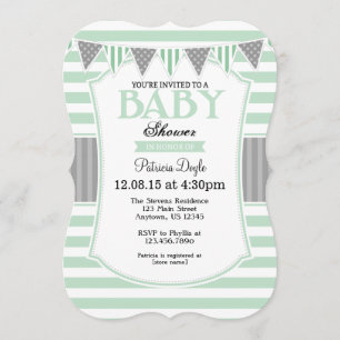 Mint Green Grey Stripes Baby Shower Invitation