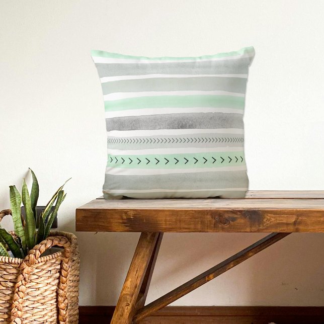 Mint Green Grey Watercolour Stripes Arrows Pattern Cushion (Creator Uploaded)