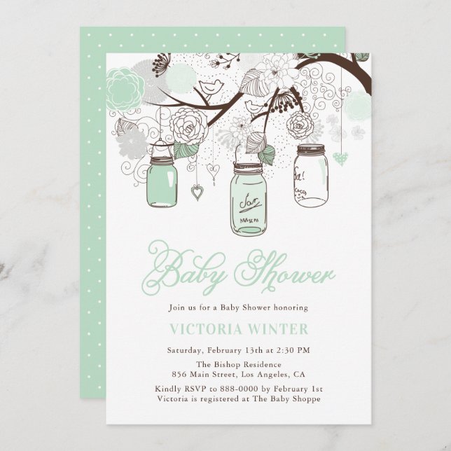 Mint Green Hanging Mason Jars Floral Baby Shower Invitation (Front/Back)