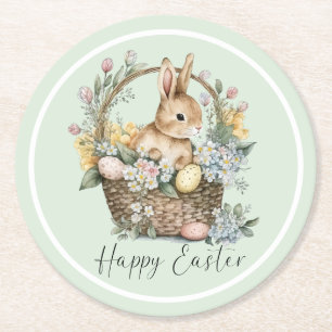Mint Green Happy Easter Bunny Round Paper Coaster