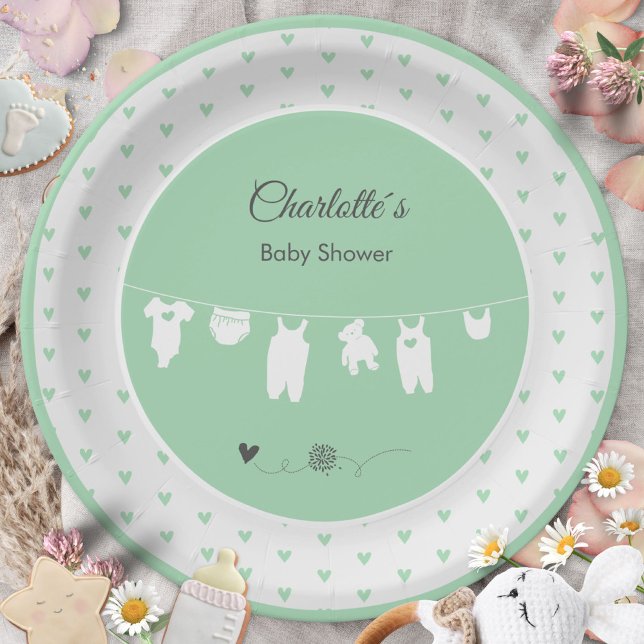 Mint Green Hearts Boho Gender Neutral Baby Shower Paper Plate (Mint Green Hearts Boho Gender Neutral Baby Shower Paper Plates ©Susanne Sachers - Sunny Mind 🌞)