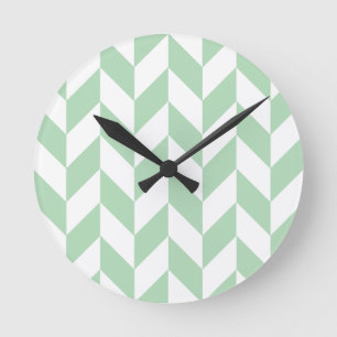 Mint Green Herringbone Pattern Round Clock