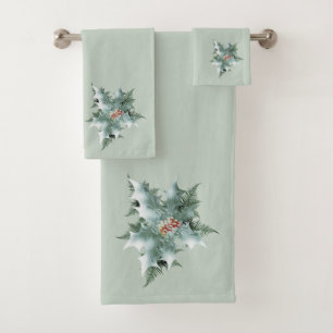 Mint Green Holly on Mint Green Bath Towel Set