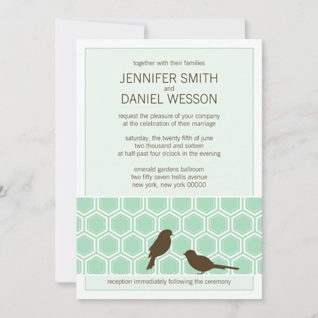 Mint Green Honeycomb Pattern Love Birds Wedding Invitation (Front)
