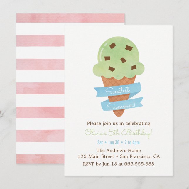 Mint Green Ice Cream Cone Kids Birthday Party Invitation (Front/Back)