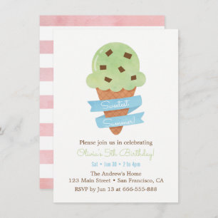 Mint Green Ice Cream Cone Kids Birthday Party Invitation