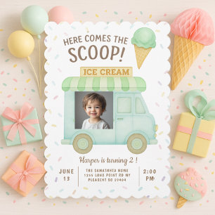 Mint Green Ice Cream Truck Photo Birthday  Invitation