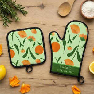 Mint Green Illustrated Peaches And Flowers Oven Mitt & Pot Holder Set
