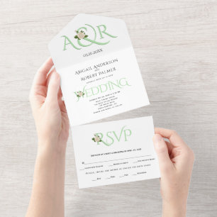 Mint green initials and ampersand, rose wedding all in one invitation