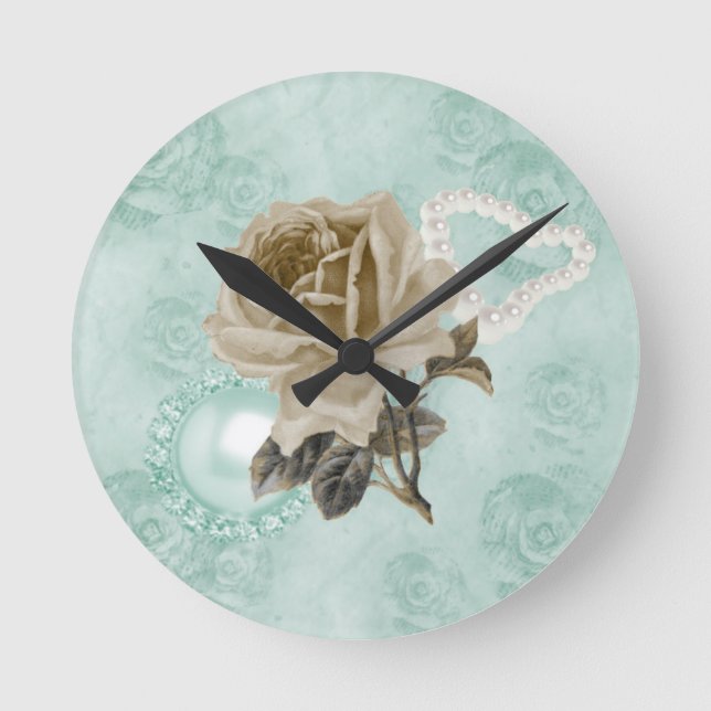 Mint Green Ivory Roses Pearls Heart RoundWallClock Round Clock (Front)