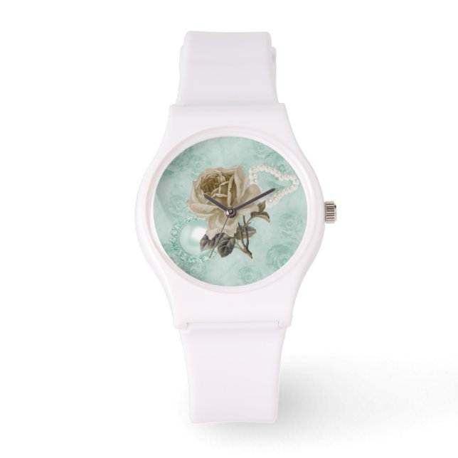 Mint Green Ivory Roses Sporty White Silicone Watch (Front)