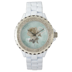 Mint Green Ivory Roses White Rhinestones Watch