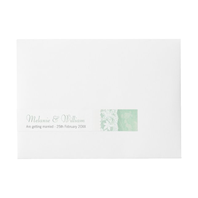 Mint green lace wedding announcement sticker wraparound address label (Front)