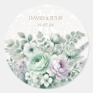 Mint Green & Lavender Floral White Lace Wedding Classic Round Sticker