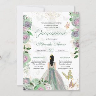 Mint Green & Lavender Roses Butterfly Quinceanera  Invitation