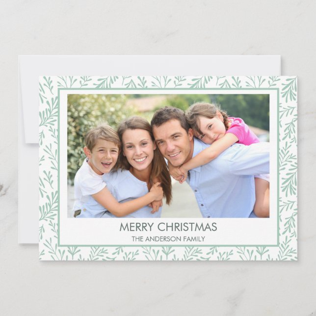 Mint Green Leaf Pattern Simple Merry Christmas Holiday Card (Front)