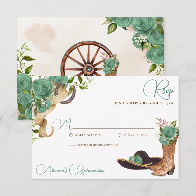 Mint Green Light Sage Charro Western Quinceanera RSVP Card (Front/Back)