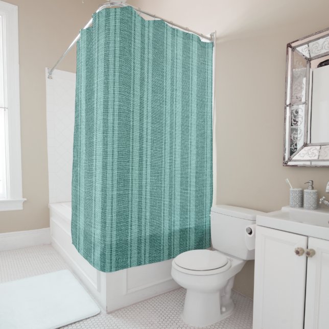 Mint Green Linen Texture Print Stripes Pattern Shower Curtain (In Situ)