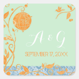 Mint Green Love Birds Wedding Monograms Square Sticker