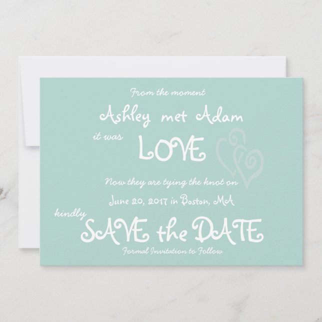 Mint Green Love, Hearts Photo Save the Date Card (Front)