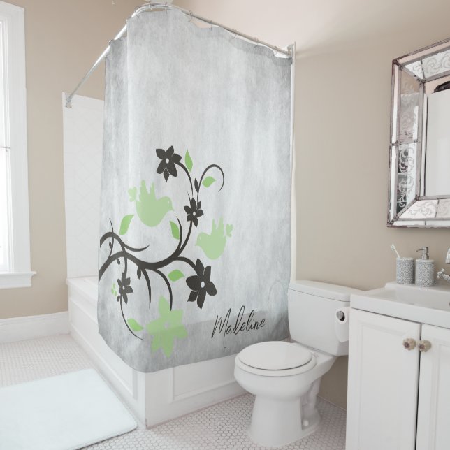 Mint Green Lovebirds Shower Curtain (In Situ)
