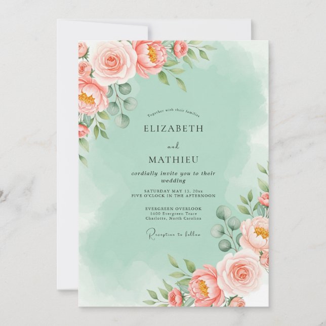 Mint Green Luminous Floral Wedding Invitation (Front)