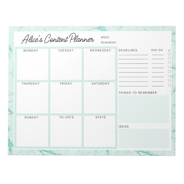 Mint Green Marble Content Planner Notepad (Front)