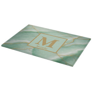Mint Green Marble with Light Gold Veins Monogram Cutting Board