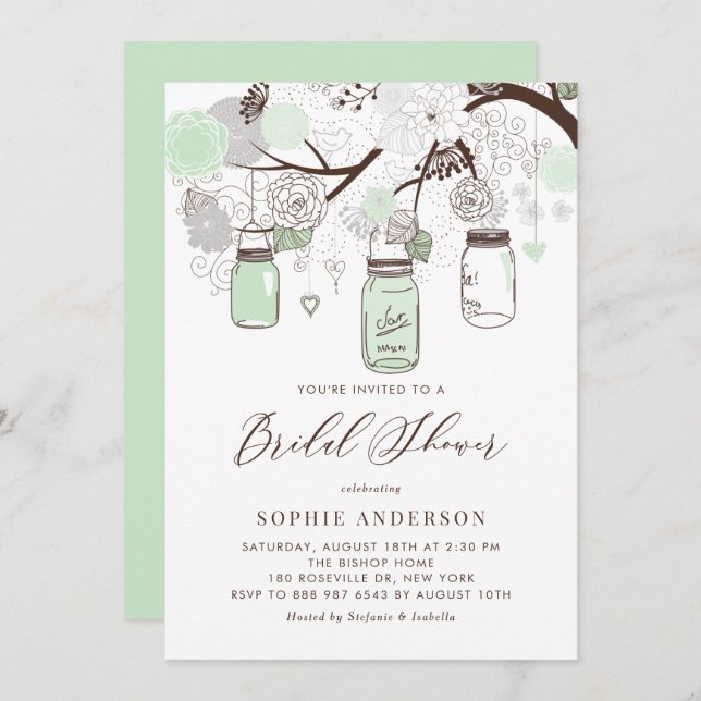 Mint Green Mason Jars Bridal Shower Invitation (Front/Back)