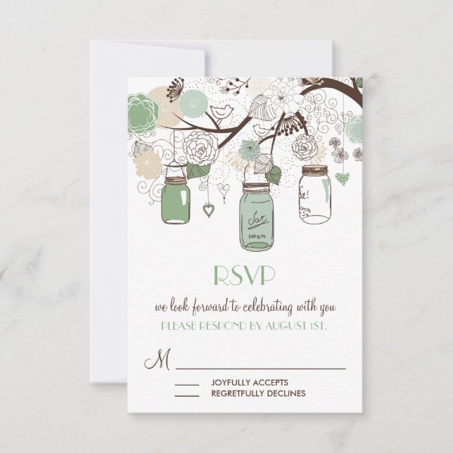 Mint Green Mason Jars Wedding RSVP Card (Front)